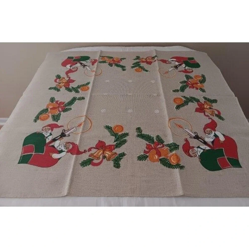 Vintage 60s Scandinavian Printed Christmas Tablecloth Gnomes Norway Unused - Picture 2 of 4